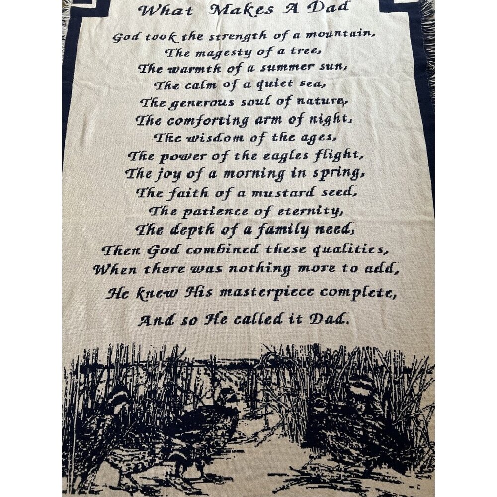 Woven Throw Blanket "What Makes A Dad" Blue Ivory Soft Woven Cotton 71" Long Vtg